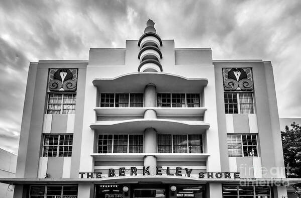 1920s Art Print featuring the photograph Berkeley Shores Hotel 2 - South Beach - Miami - Florida - Black and White #1 by Ian Monk