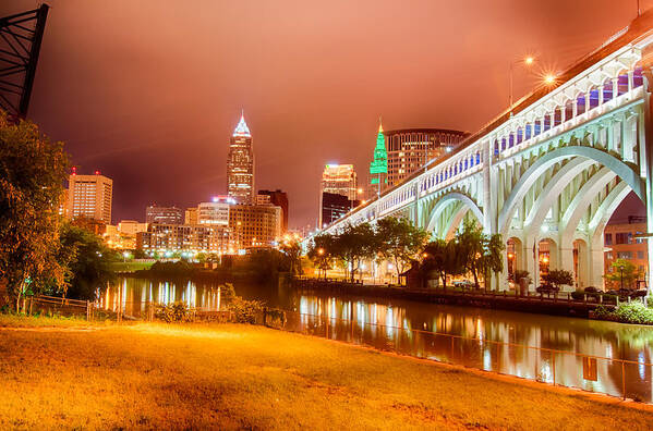 Ohio Art Print featuring the photograph Cleveland downtown at night #1 by Alex Grichenko