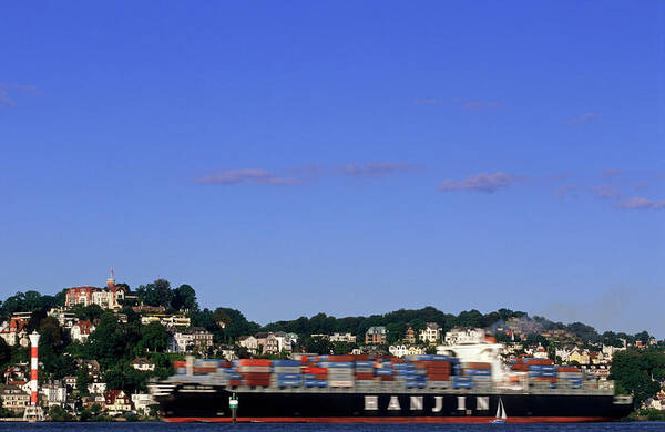 Blankenese Art Print featuring the photograph Container Ship On Elbe River Passing #1 by Marc Steinmetz