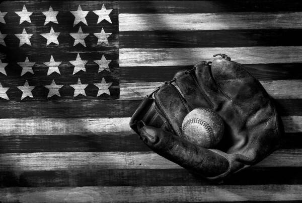 Folk Art American Flag Art Print featuring the photograph Folk art American flag and baseball mitt black and white by Garry Gay