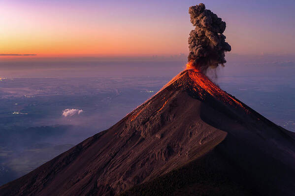 Hostel Art Print featuring the photograph Fuego Volcano Erupting At Sunrise #1 by Brandon Huttenlocher