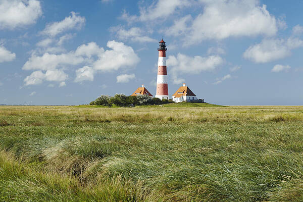 Westerhever Art Print featuring the photograph Lighthouse Westerhever and foreshore #1 by Olaf Schulz