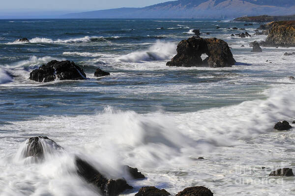 Bodega Bay California Wave Waves Water Oceans Sea Seas Pacific Ocean Bays Rock Formation Formations Rocks Spray Shore Shores Shoreline Shorelines Coast Coasts Coastline Coastlines Waterscape Waterscapes Art Print featuring the photograph Ocean View #1 by Bob Phillips