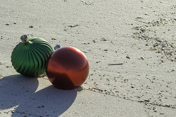 Christmas Art Print featuring the digital art Red and Green Bulbs on the Beach #1 by Michael Thomas