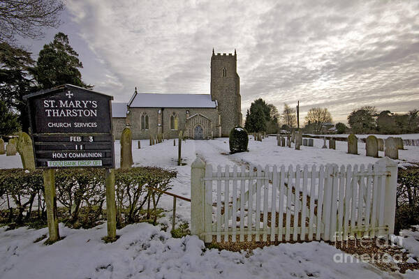 English Church Snow Art Print featuring the photograph St Mary's Tharston #1 by Darren Burroughs