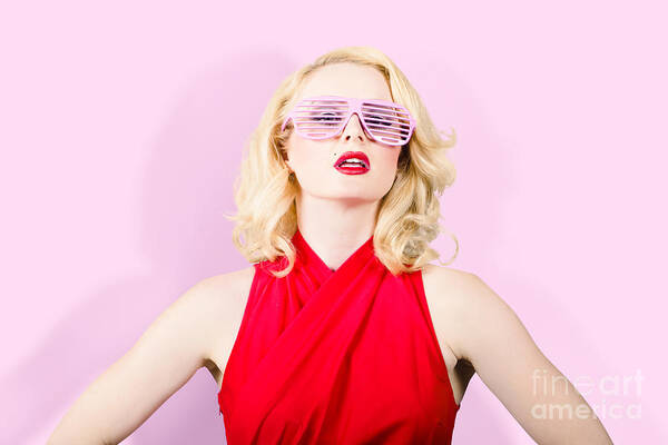 Fashion Art Print featuring the photograph Summer fashion model. Girl in a pink sun glasses #1 by Jorgo Photography