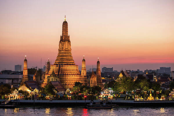 Tranquility Art Print featuring the photograph Sunset Over Wat Arun Temple, Bangkok #1 by Matteo Colombo