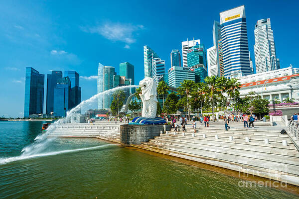 Night Art Print featuring the photograph The Merlion fountain - Singapore #1 by Luciano Mortula