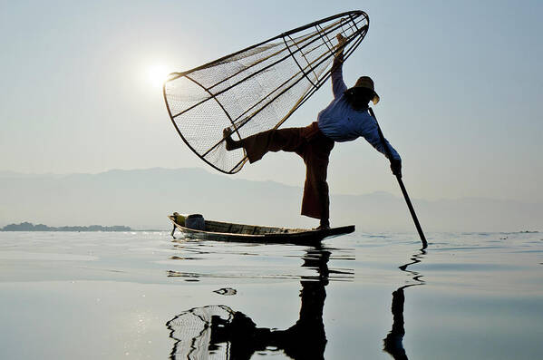 Hand Raised Art Print featuring the photograph Traditional Bamboo Fisherman, Inle #1 by Rwp Uk