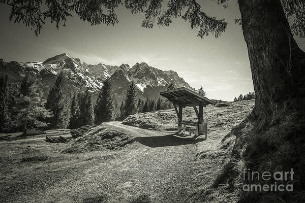 Alpspitze Art Print featuring the photograph walking in the Alps - bw by Hannes Cmarits