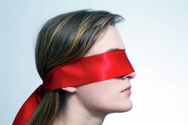 20-24 Years Art Print featuring the photograph Woman Wearing Red Blindfold #1 by Victor De Schwanberg