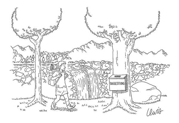 Rural Hiking Nature Management
(man Backpacking Through Forest Finds A Suggestion Box Attached To A Tree.) 121288 Ele Eric Lewis Art Print featuring the drawing New Yorker September 5th, 2005 by Eric Lewis