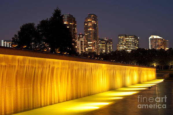 Bellevue Art Print featuring the photograph Bellevue skyline from city park with fountain and waterfall at s #14 by Jim Corwin