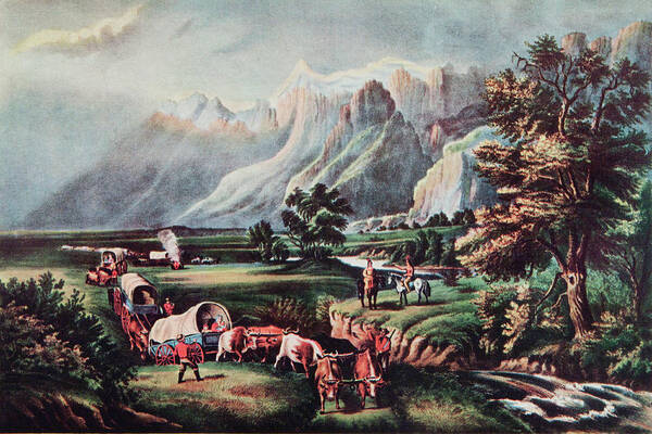 Horizontal Art Print featuring the painting 1800s Emigrants Settlers Wagon Train by Vintage Images