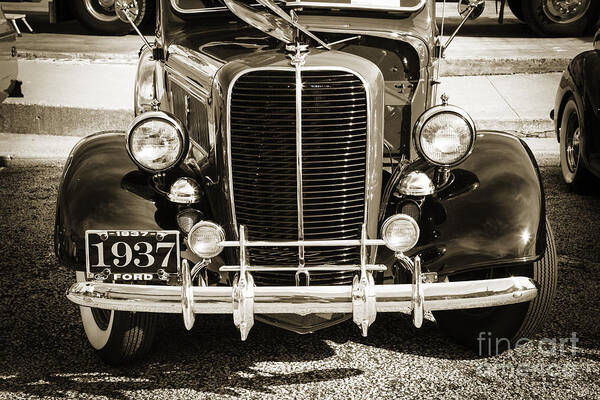 1937 Ford Art Print featuring the photograph 1937 Ford Pickup Truck Classic Car Front End Photograph in Sepia by M K Miller