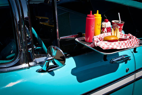 56 Art Print featuring the photograph 1956 Chevy Bel Air I said no pickles where is that Carhop by David Patterson