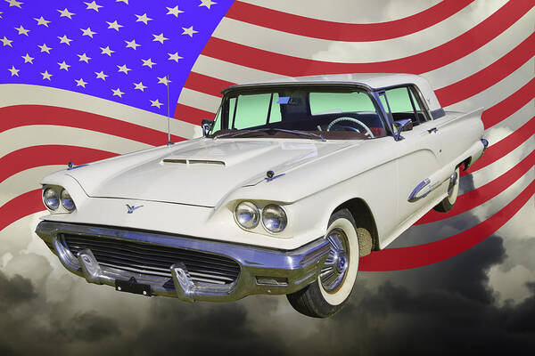 1958 Ford Thunderbird Art Print featuring the photograph 1958 Ford Thunderbird With American Flag by Keith Webber Jr