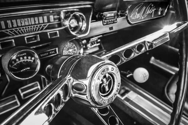 1965 Shelby Mustang Steering Wheel Emblem Art Print featuring the photograph 1965 Shelby Prototype Ford Mustang Steering Wheel Emblem -0314bw by Jill Reger