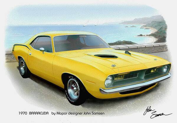 Automotive Fine Art Art Print featuring the painting 1970 BARRACUDA classic Cuda Plymouth muscle car sketch rendering by John Samsen