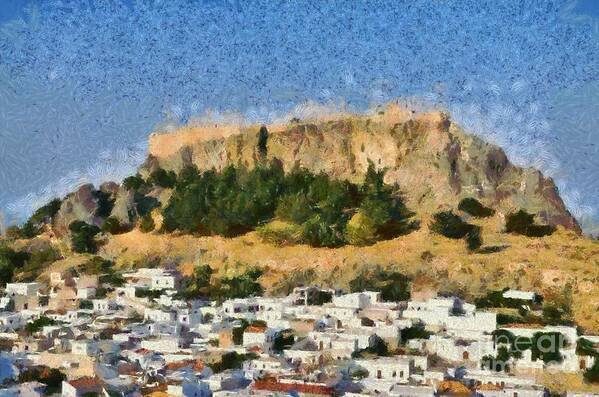 Rhodes Art Print featuring the painting Acropolis and village of Lindos #1 by George Atsametakis