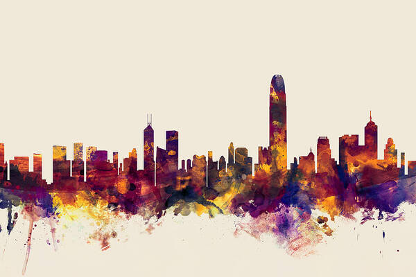 Watercolour Art Print featuring the digital art Hong Kong Skyline #2 by Michael Tompsett