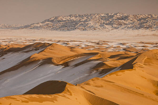 Feb0514 Art Print featuring the photograph Khongor Sand Dunes In Winter Gobi Desert #2 by Colin Monteath