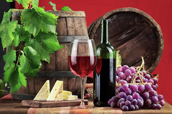 Cheese Art Print featuring the photograph Red Wine Composition by Valentinrussanov
