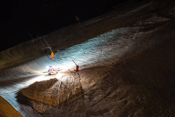 Snow Art Print featuring the photograph Snow groomer at night #2 by Frank Gaertner