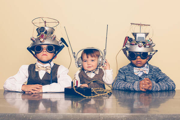 Unfashionable Art Print featuring the photograph Three Boys Dressed as Nerds with Mind Reading Helmets #2 by Andrew Rich