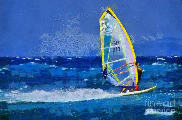 Windsurfing Art Print featuring the painting Windsurfing #2 by George Atsametakis