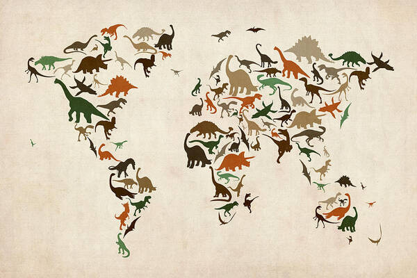 World Map Art Print featuring the digital art Dinosaur Map of the World Map #3 by Michael Tompsett