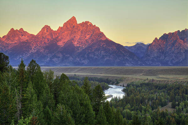 Mountains Art Print featuring the photograph Grand Tetons Morning at the Snake River Overview - 2 by Alan Vance Ley