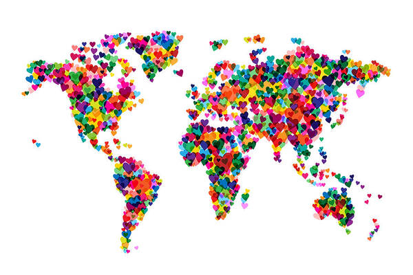 World Map Art Print featuring the digital art Love Hearts Map of the World Map #3 by Michael Tompsett