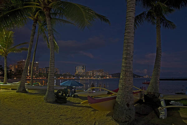 City Lights Honululu  Diamond Head Palmtrees Kayak Night Art Print featuring the photograph Waikiki #3 by James Roemmling