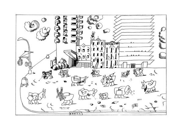 118427 Sst Saul Steinberg (montage Of Dogs In The City.) Animals Antiques Barking Best Buddies Canines Cartoons Cat City Cityscape Consisting Construction Desks Dog Doggie Dogs Friend Ground Hole Looking Man's Noses Out Pet Pets Pooch Puppies Puppy Spread Store Street Their Three-page Two Urban Walking Windows Art Print featuring the drawing New Yorker September 19th, 1977 #4 by Saul Steinberg