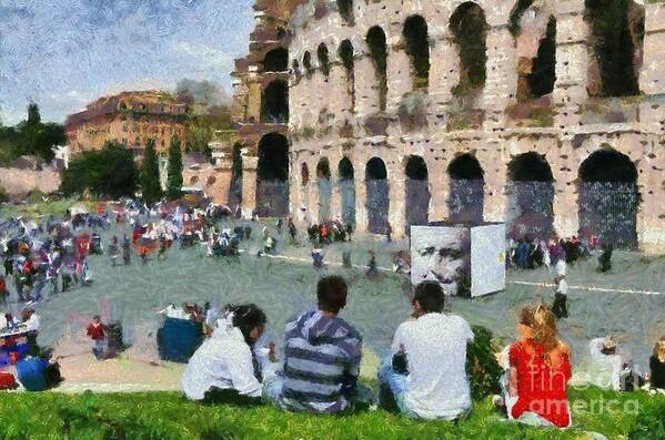 Colosseum Art Print featuring the painting Outside Colosseum in Rome #3 by George Atsametakis