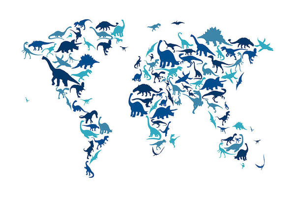 World Map Art Print featuring the digital art Dinosaur Map of the World Map #5 by Michael Tompsett