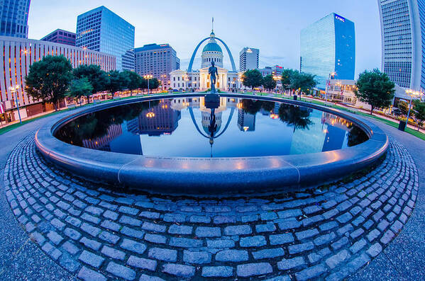 Arch Art Print featuring the photograph St. Louis downtown skyline buildings at night #6 by Alex Grichenko