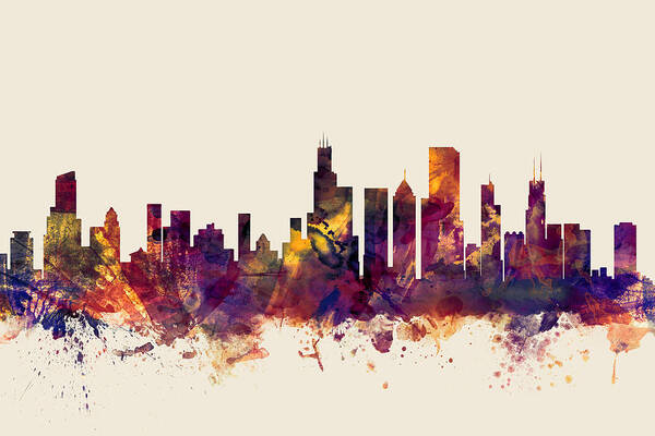 Chicago Art Print featuring the digital art Chicago Illinois Skyline #8 by Michael Tompsett