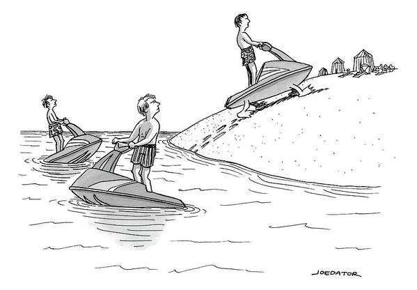 Evolution Art Print featuring the drawing A Man On A Jetski Looks At Another Man by Joe Dator