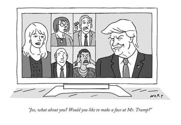 Newscasters Art Print featuring the drawing A Screen Split Between Trump And Five Pundits by Kim Warp