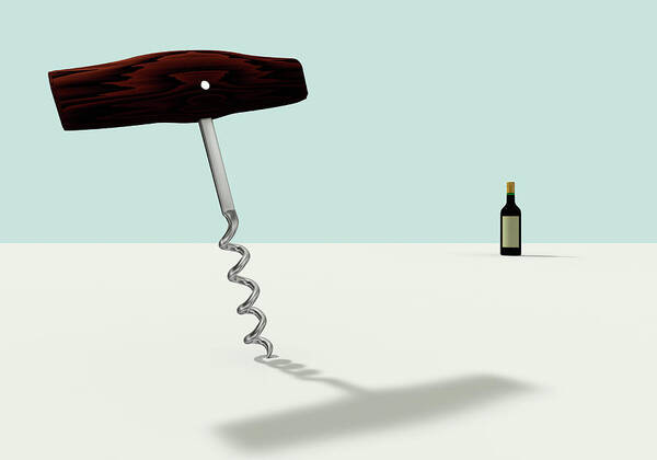 Corkscrew Art Print featuring the digital art A Wine Opener And Wine by Yagi Studio