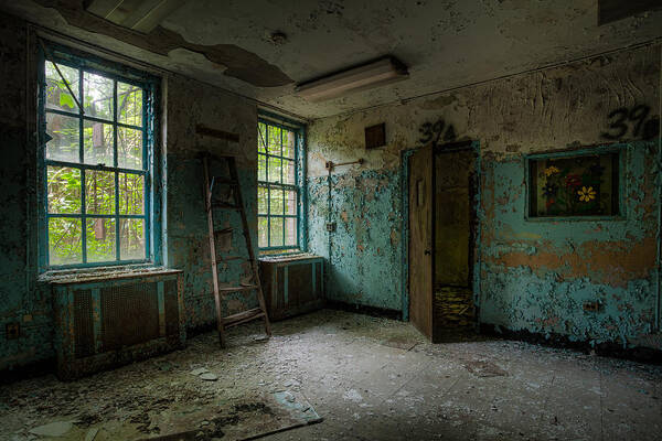 Old Room Art Print featuring the photograph Abandoned Places - Asylum - Old Windows - Waiting room by Gary Heller