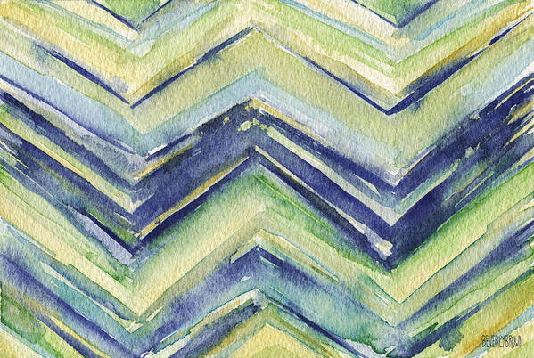 Abstract Art Print featuring the painting Abstract Watercolor Painting - Blue Yellow Green Chevron Pattern by Beverly Brown Prints