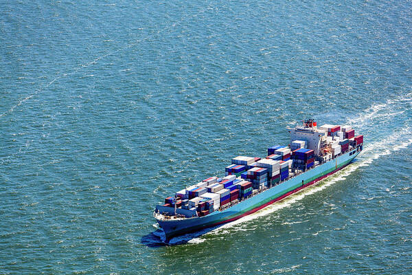Trading Art Print featuring the photograph Aerial View Of A Container Ship by Opla