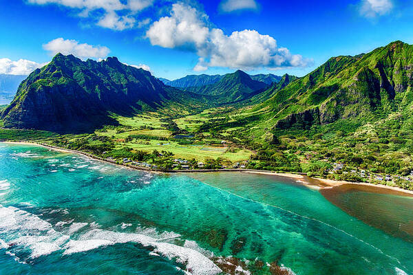 Scenics Art Print featuring the photograph Aerial View of Kualoa area of Oahu Hawaii by Art Wager