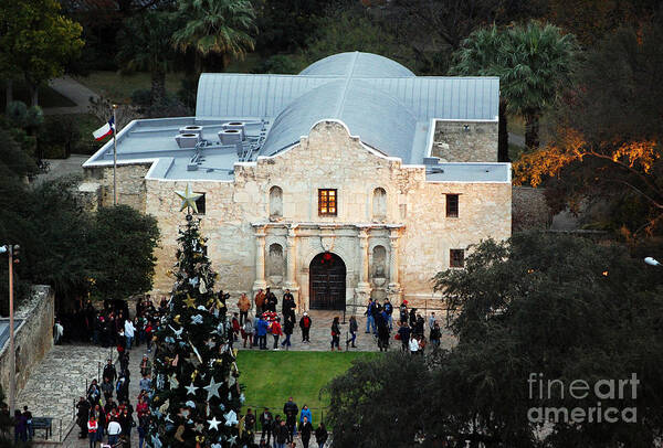 Alamo Art Print featuring the photograph Alamo Entrance High Angle View at Christmas in San Antonio Texas by Shawn O'Brien