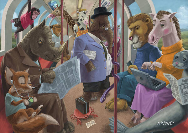 Commute Art Print featuring the painting Animals On A Tube Train Subway Commute To Work by Martin Davey