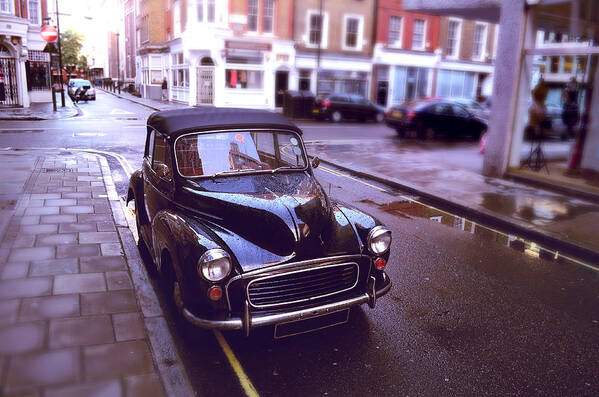 Car Art Print featuring the photograph Antique Car Parked On Wet London Street by Jaminwell