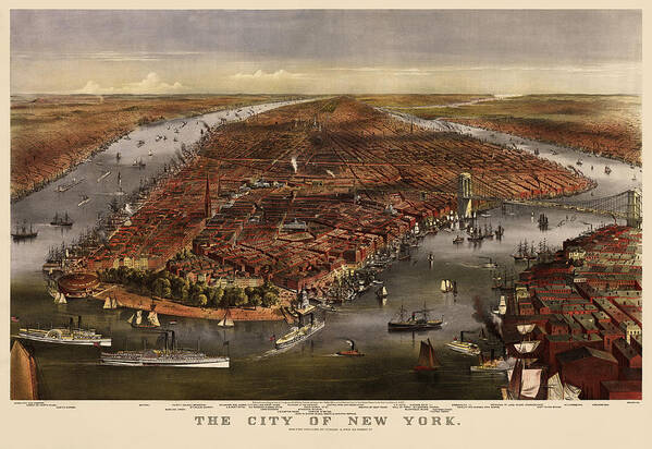 New York City Art Print featuring the drawing Antique Map of New York City by Currier and Ives - 1870 by Blue Monocle